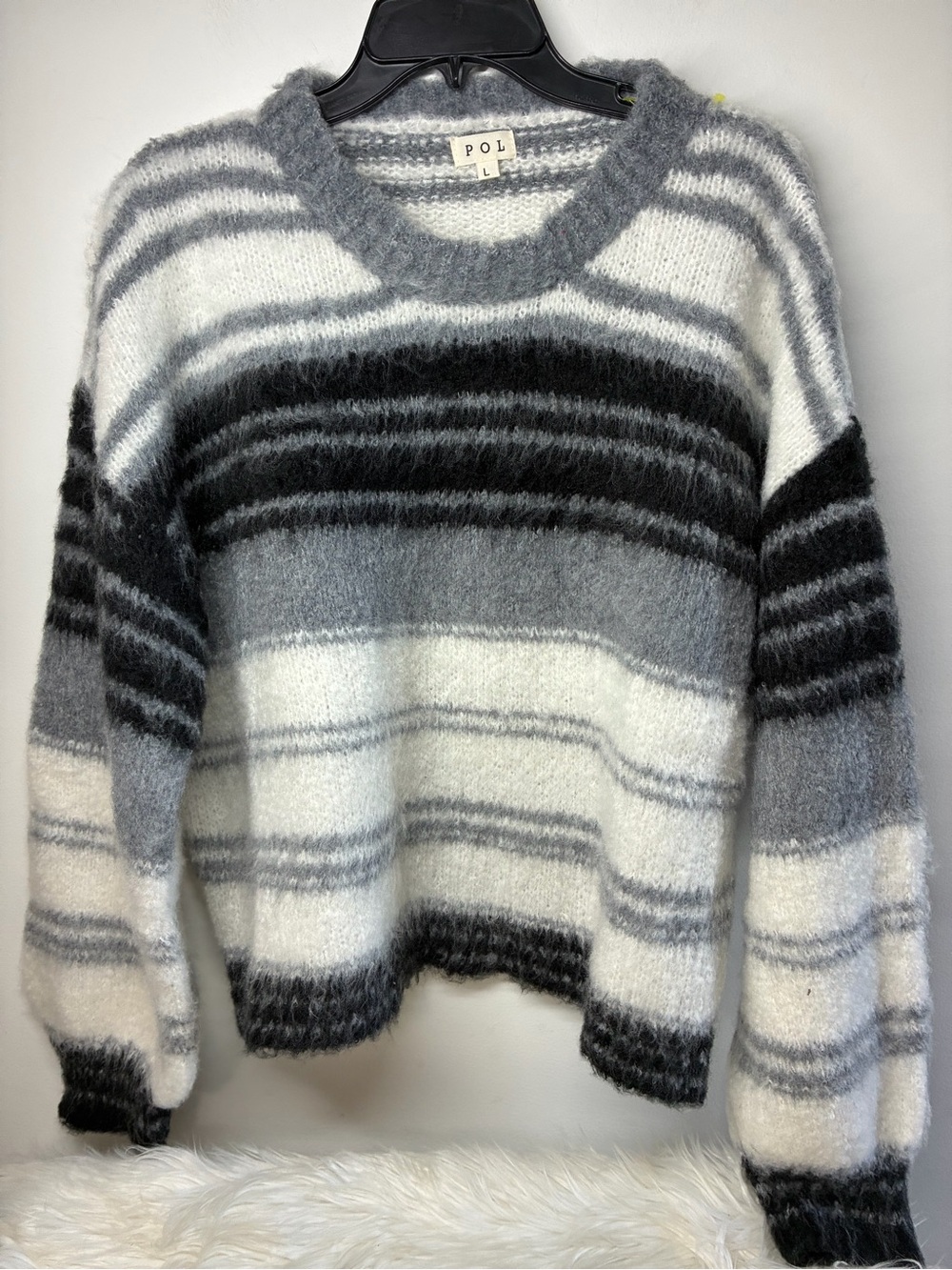 POL Fuzzy Striped Crewneck Sweater in Black, Gray & White
